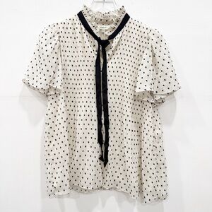 Max Studio Short Flutter Sleeve Pleated Clip Dot Top Tie Neck Blouse Small